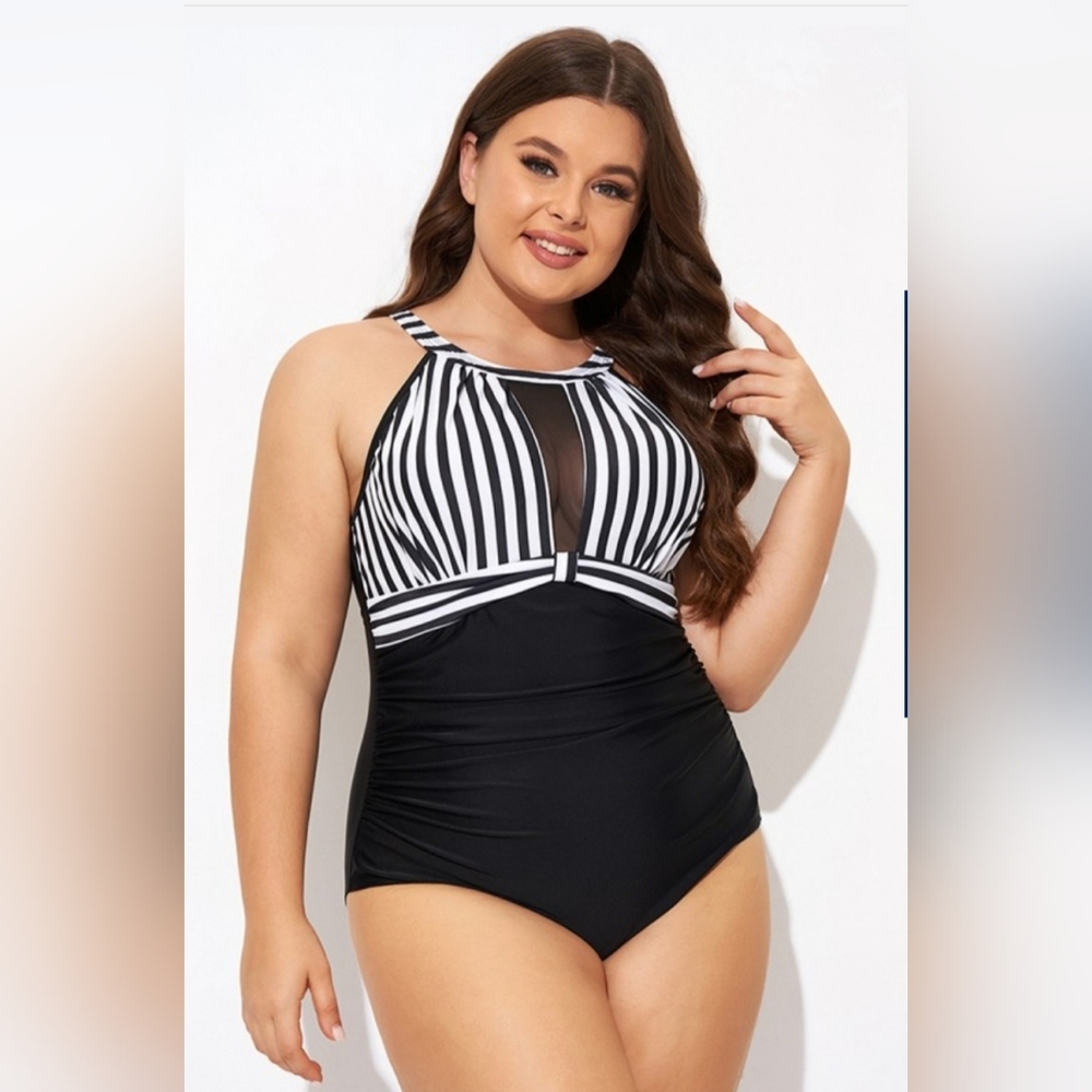 Stripe High Neck Mesh Ruched One Piece Swimsuit